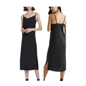 NWT Supesu Eden Black Satin Slip Dress, size large Spaghetti Straps, side slits